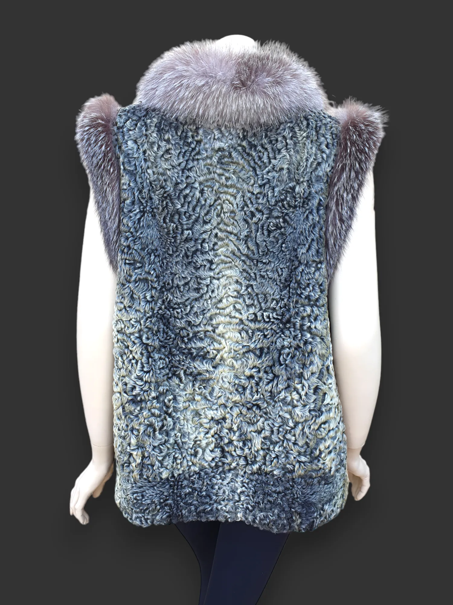 Vintage Gray Persian Lamb w/ Indigo/Silver Blue Fox Vest -Large