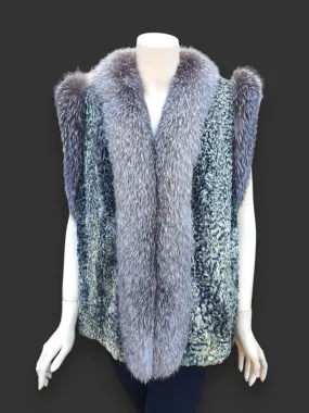 Vintage Gray Persian Lamb w/ Indigo/Silver Blue Fox Vest -Large