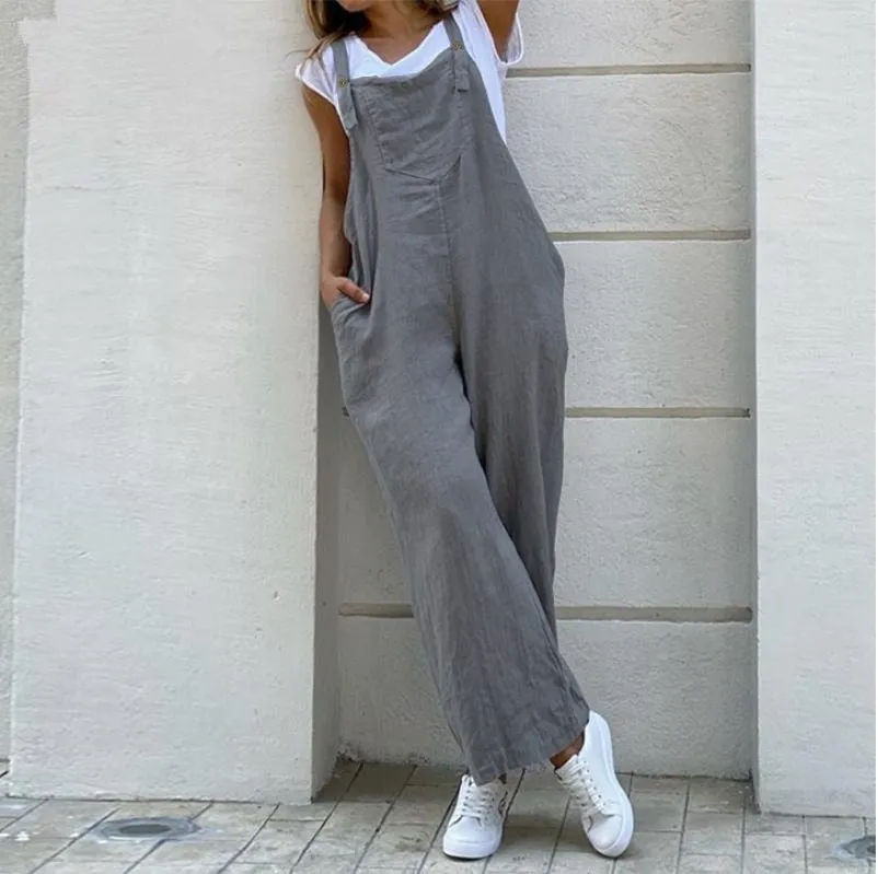 Wenkouban Suspender Solid Long Women Jumpsuit Casual High Waist Cotton Linen Women Jumpsuits Pocket Straight Button Jumpsuits Loose 3XL