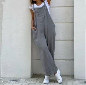 Wenkouban Suspender Solid Long Women Jumpsuit Casual High Waist Cotton Linen Women Jumpsuits Pocket Straight Button Jumpsuits Loose 3XL