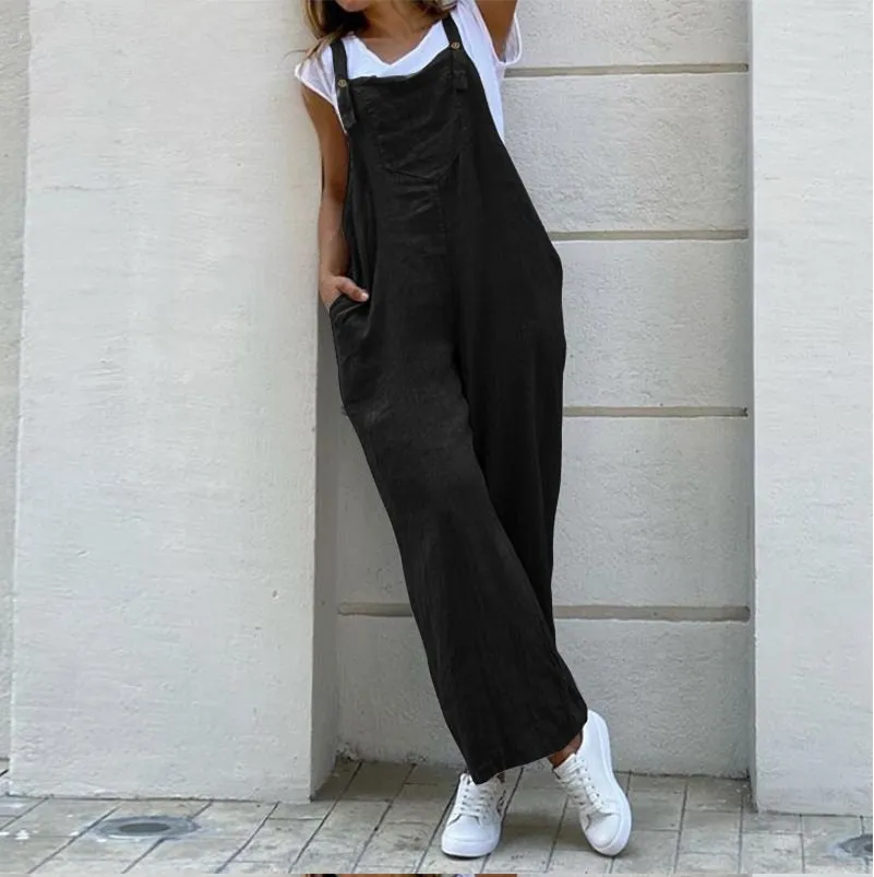 Wenkouban Suspender Solid Long Women Jumpsuit Casual High Waist Cotton Linen Women Jumpsuits Pocket Straight Button Jumpsuits Loose 3XL