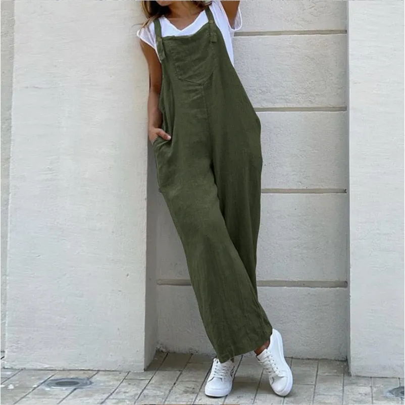 Wenkouban Suspender Solid Long Women Jumpsuit Casual High Waist Cotton Linen Women Jumpsuits Pocket Straight Button Jumpsuits Loose 3XL