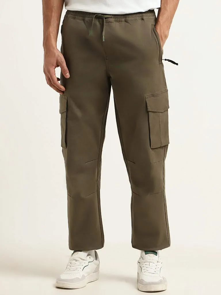 WES Casuals Green Cargo Cotton Blend Relaxed-Fit Joggers