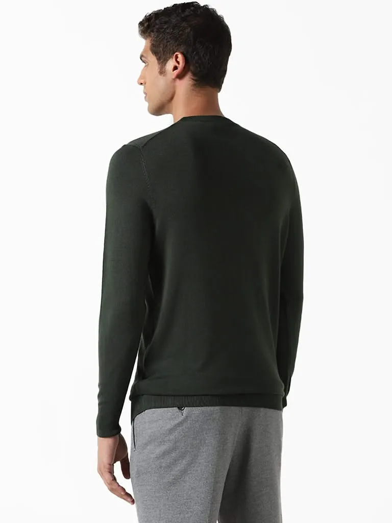 WES Formals Solid Forest Green Ribbed Slim-Fit Sweater