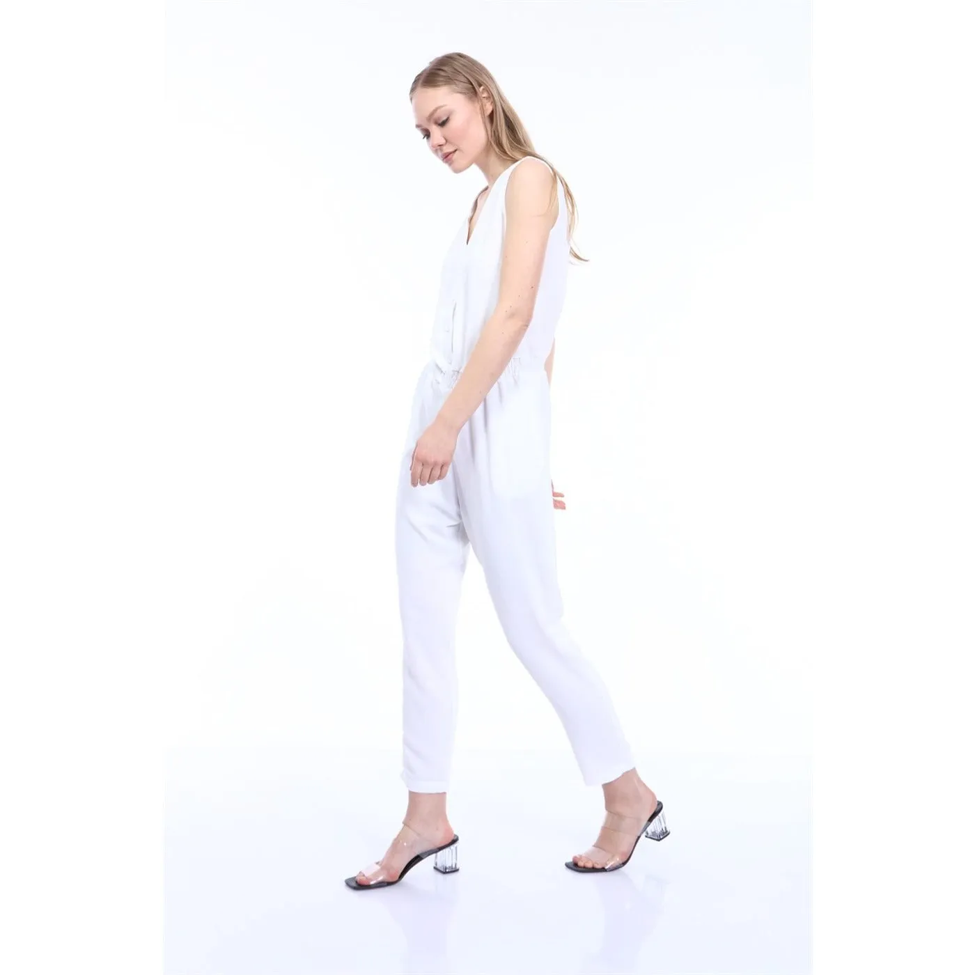 White Waist Pleated Jumpsuit