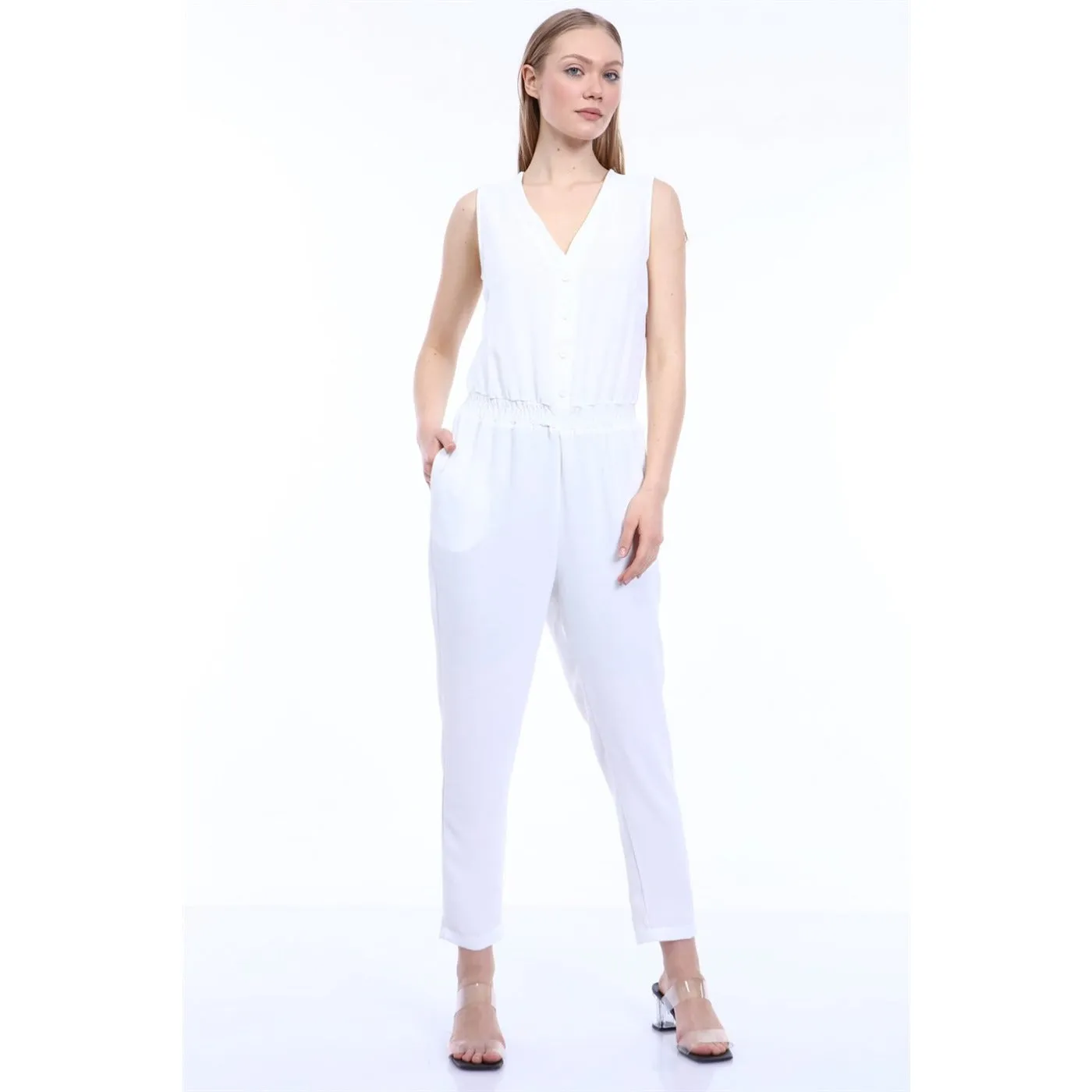 White Waist Pleated Jumpsuit