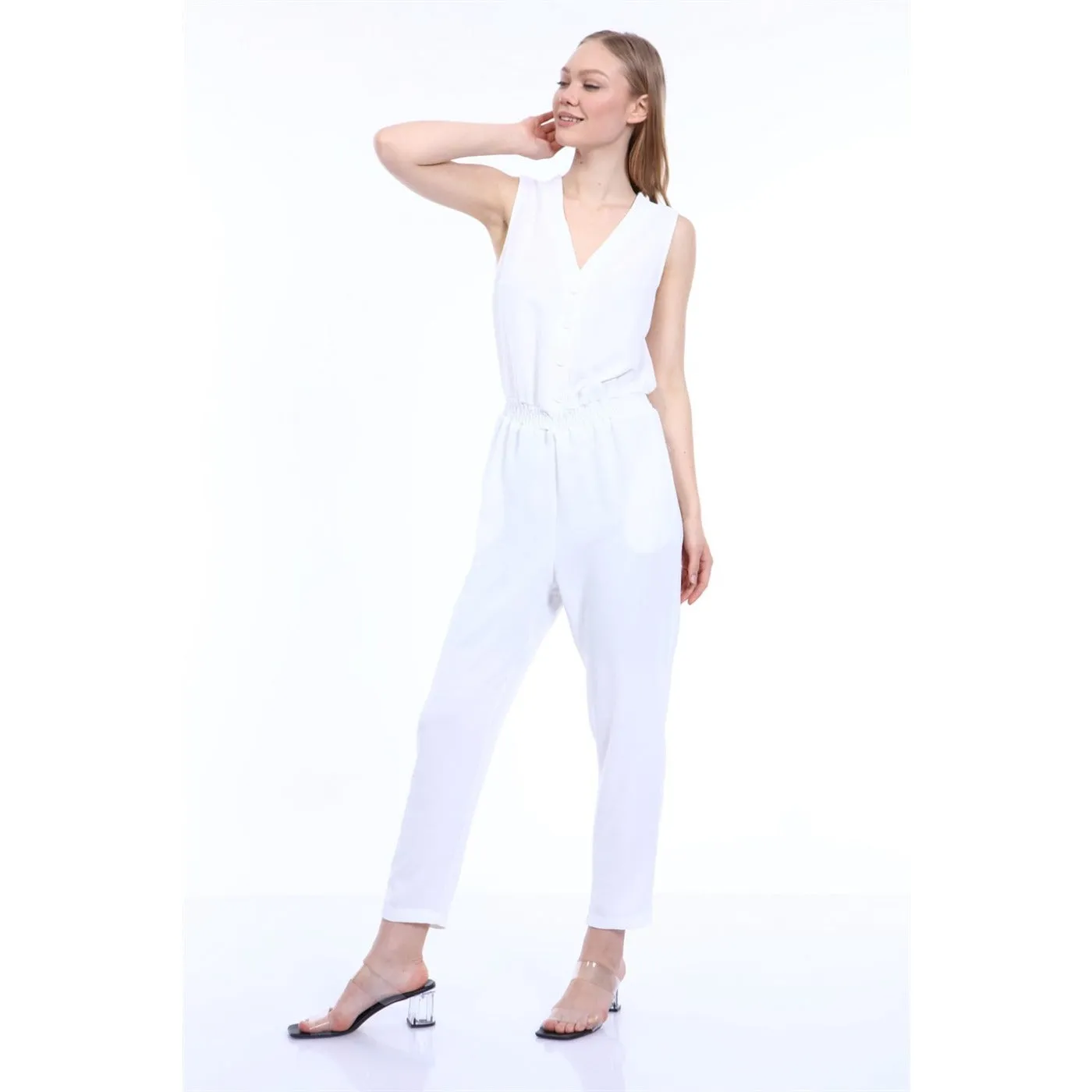 White Waist Pleated Jumpsuit