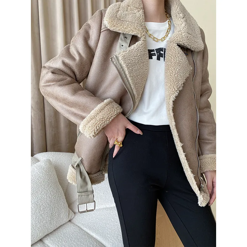 Wjczt cold weather outfits Street Motorcycle Clothing Granular Velvet Fur Integrated Stand Collar Thickened Cotton Coat Autumn and Winter Sn4345