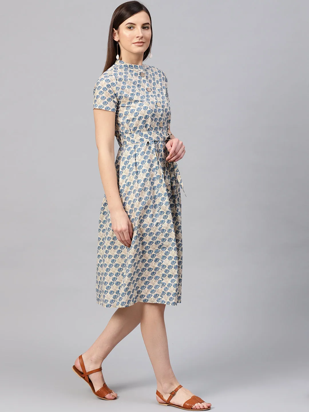 Women Beige & Blue Floral Tie-Up Flared Midi