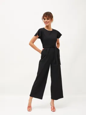 Women Black Cap Sleeves Belted Jumpsuit