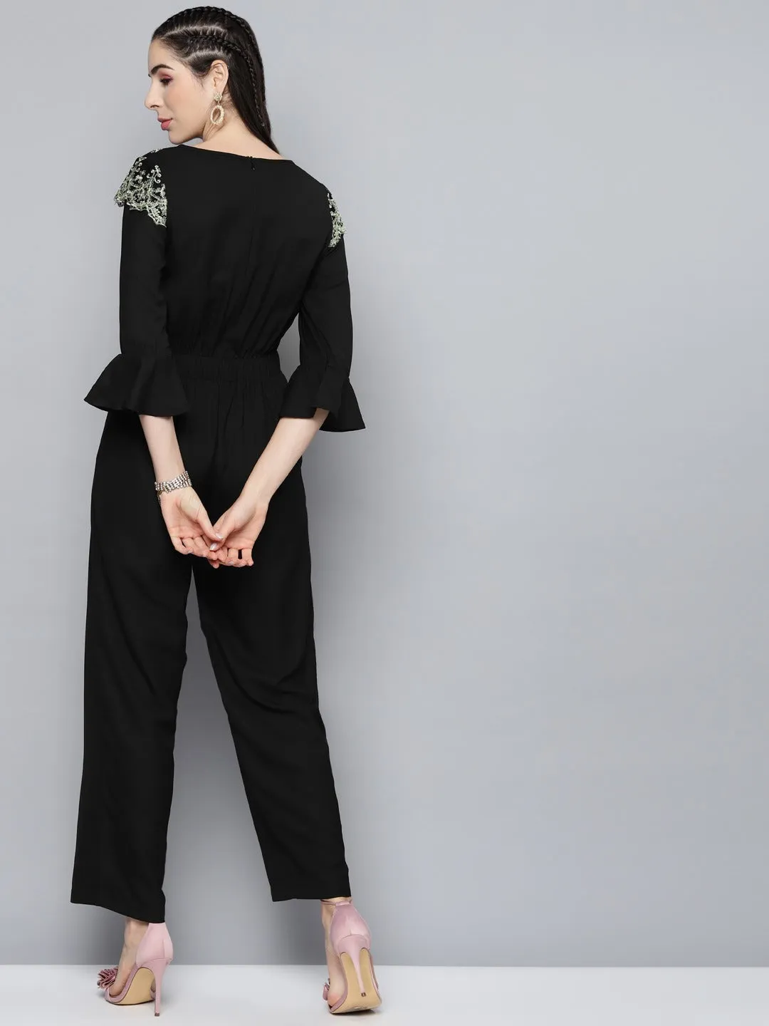 Women Black Lace Patch Detail Jumpsuit