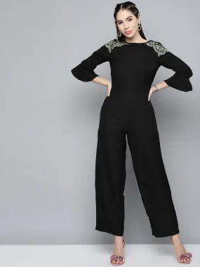 Women Black Lace Patch Detail Jumpsuit