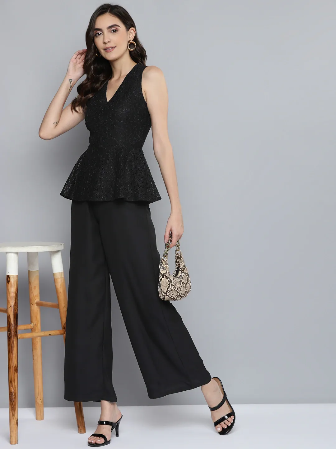 Women Black Lace Sleeveless Peplum Jumpsuit