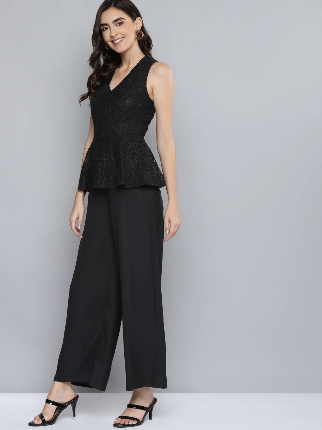 Women Black Lace Sleeveless Peplum Jumpsuit