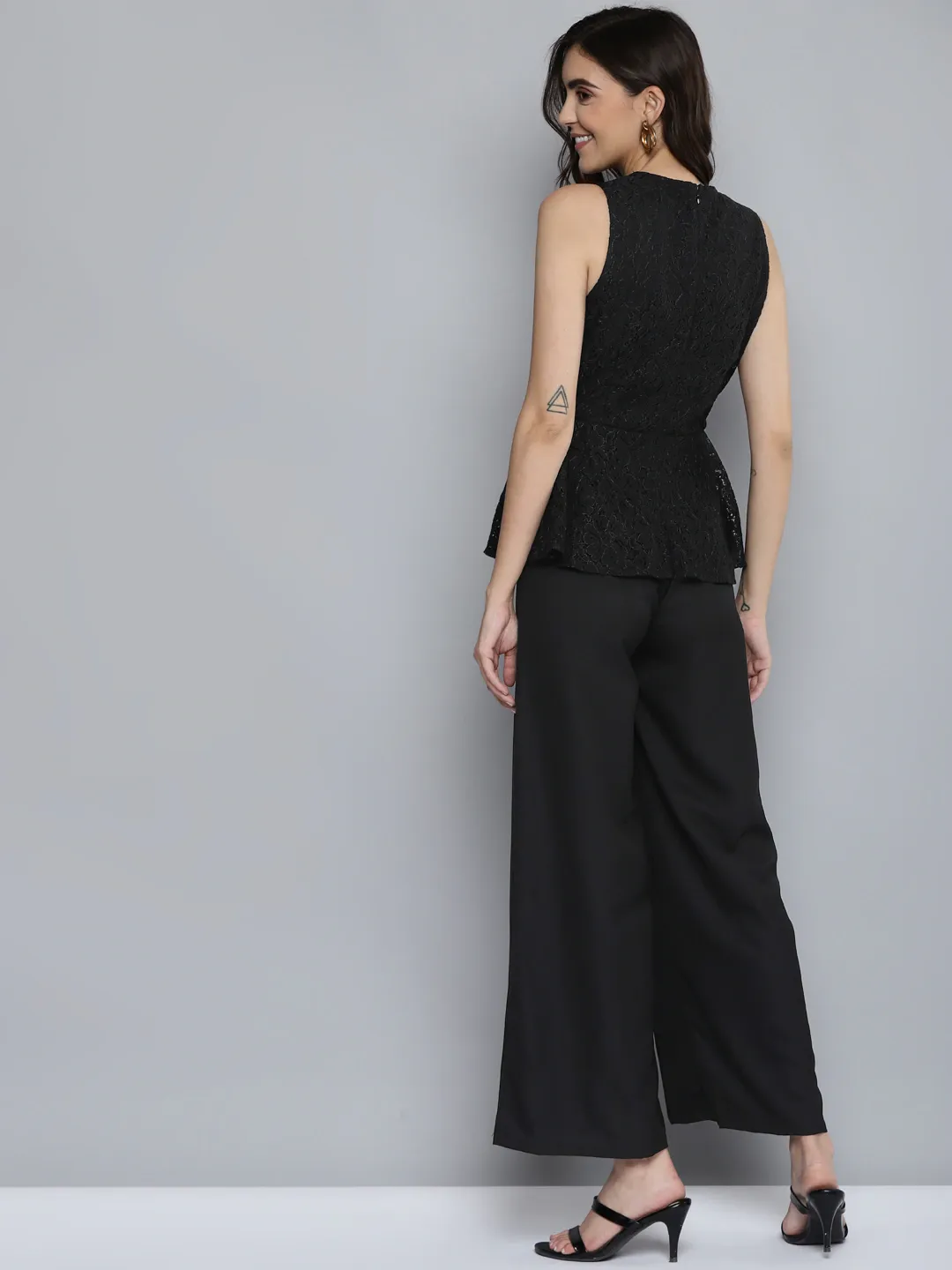 Women Black Lace Sleeveless Peplum Jumpsuit