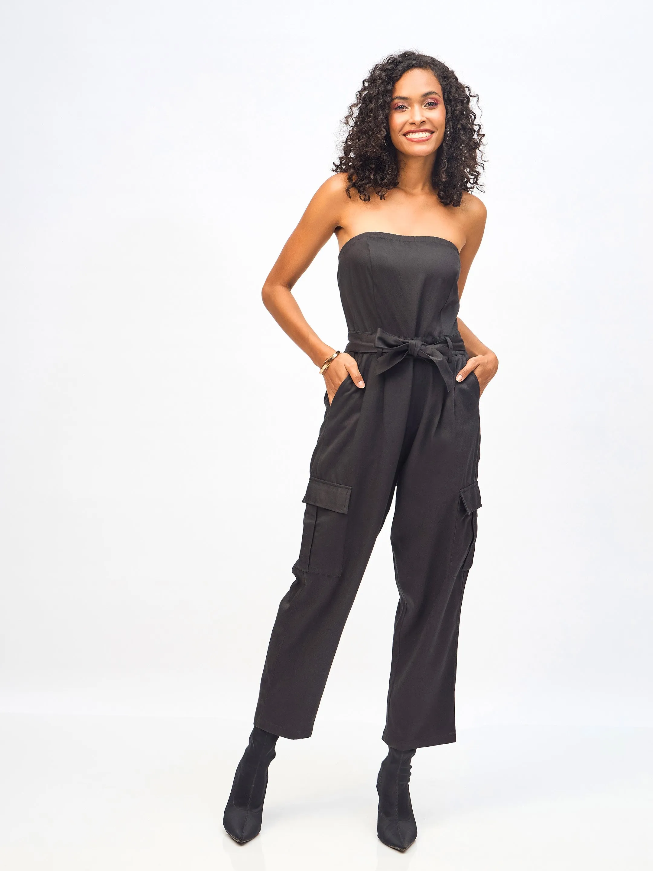 Women Black Twill Off-Shoulder Belted Jumpsuit