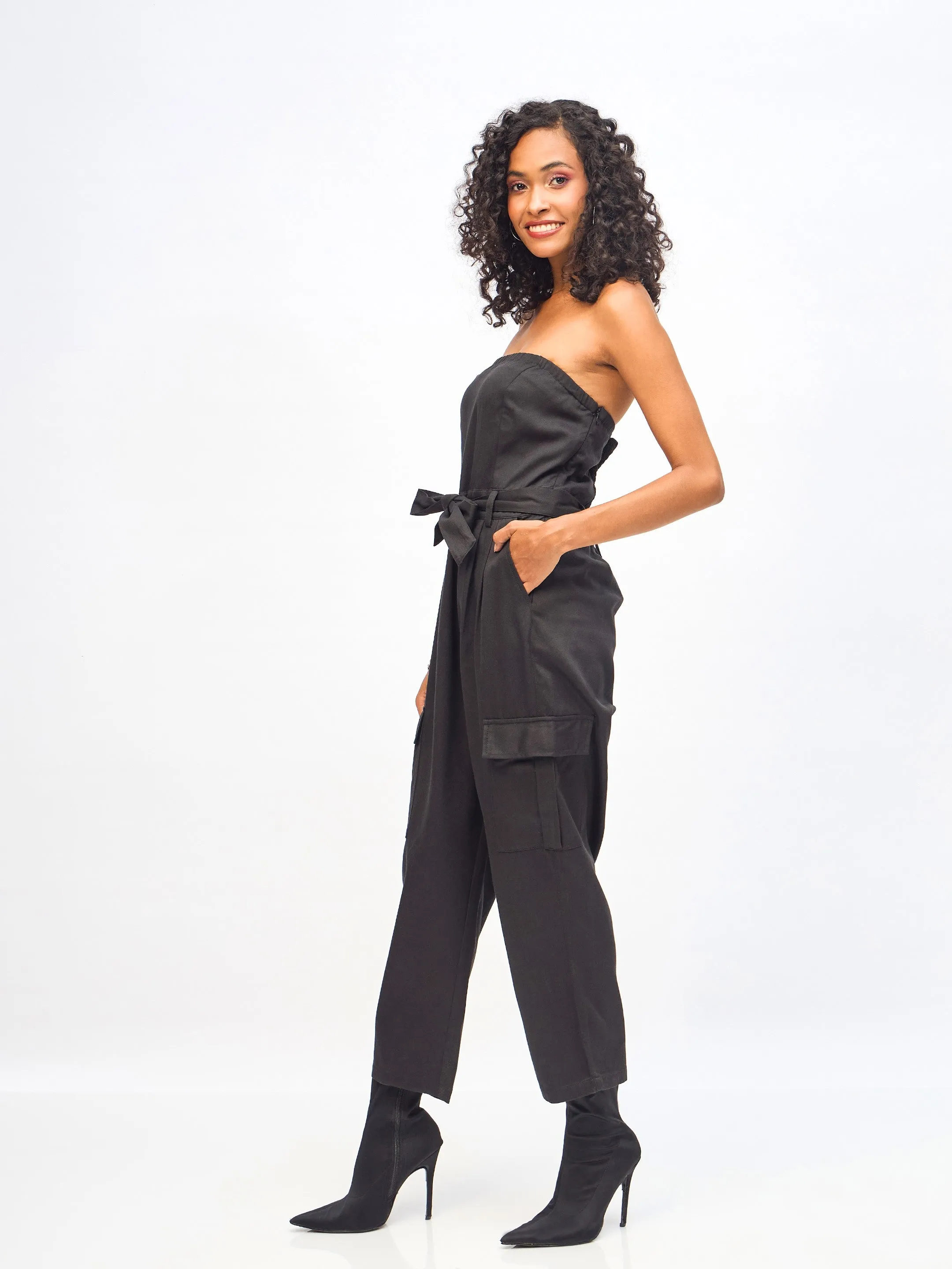 Women Black Twill Off-Shoulder Belted Jumpsuit