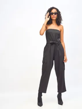 Women Black Twill Off-Shoulder Belted Jumpsuit