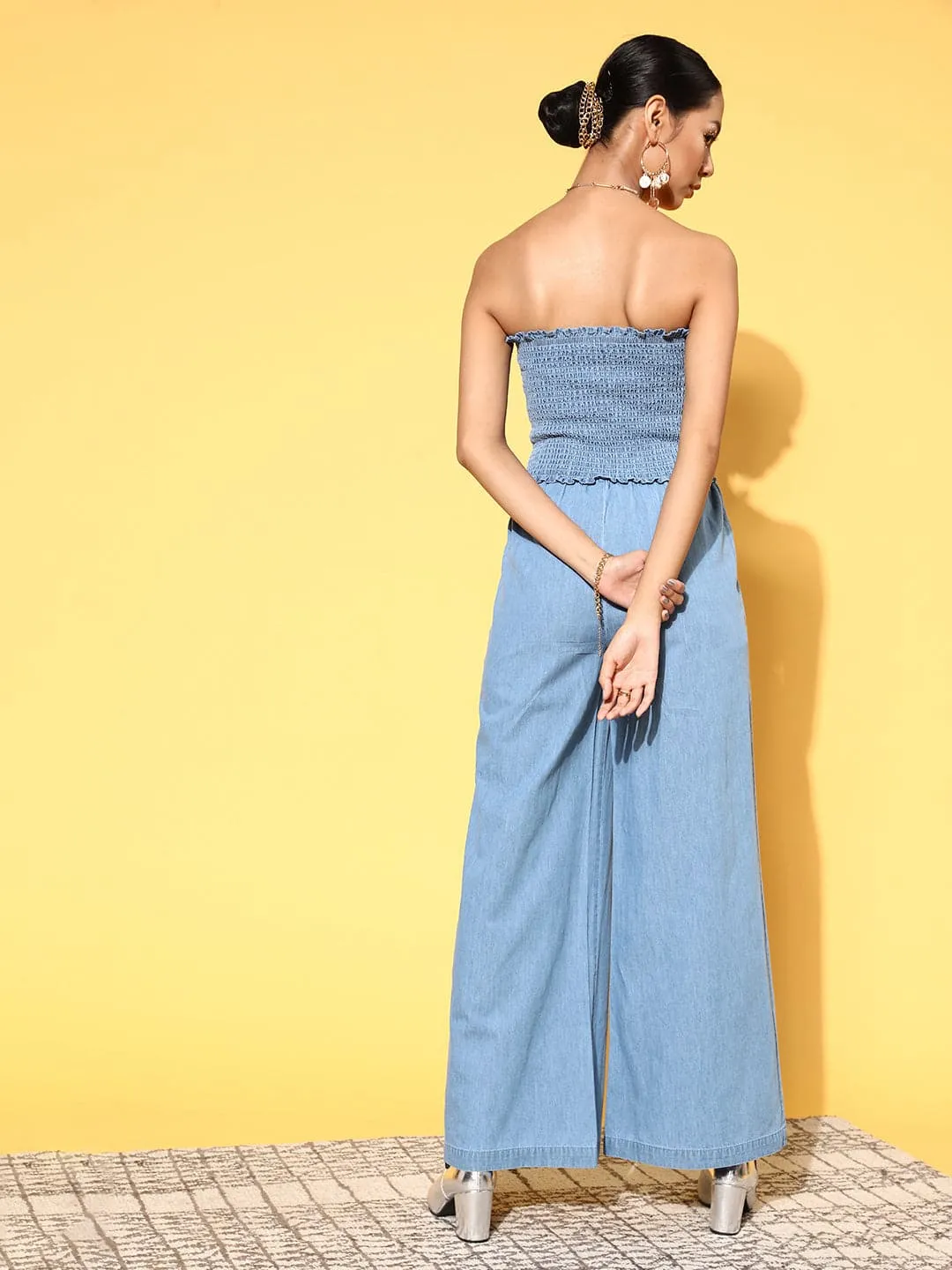 Women Blue Smocking Tube Tencel Jumpsuit