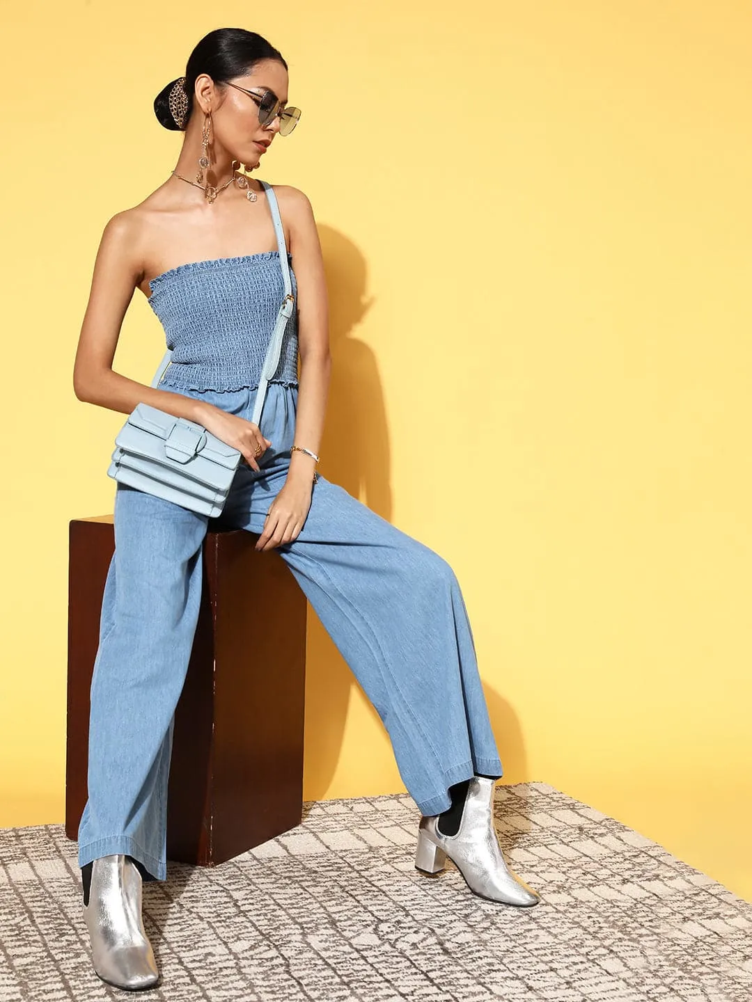 Women Blue Smocking Tube Tencel Jumpsuit