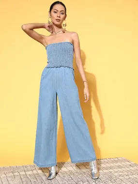 Women Blue Smocking Tube Tencel Jumpsuit