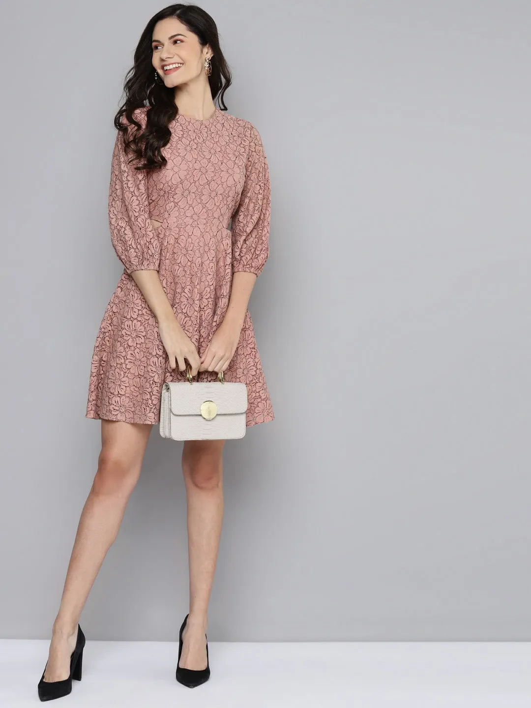 Women Dusty Pink Lace Waist Cut-Out Dress