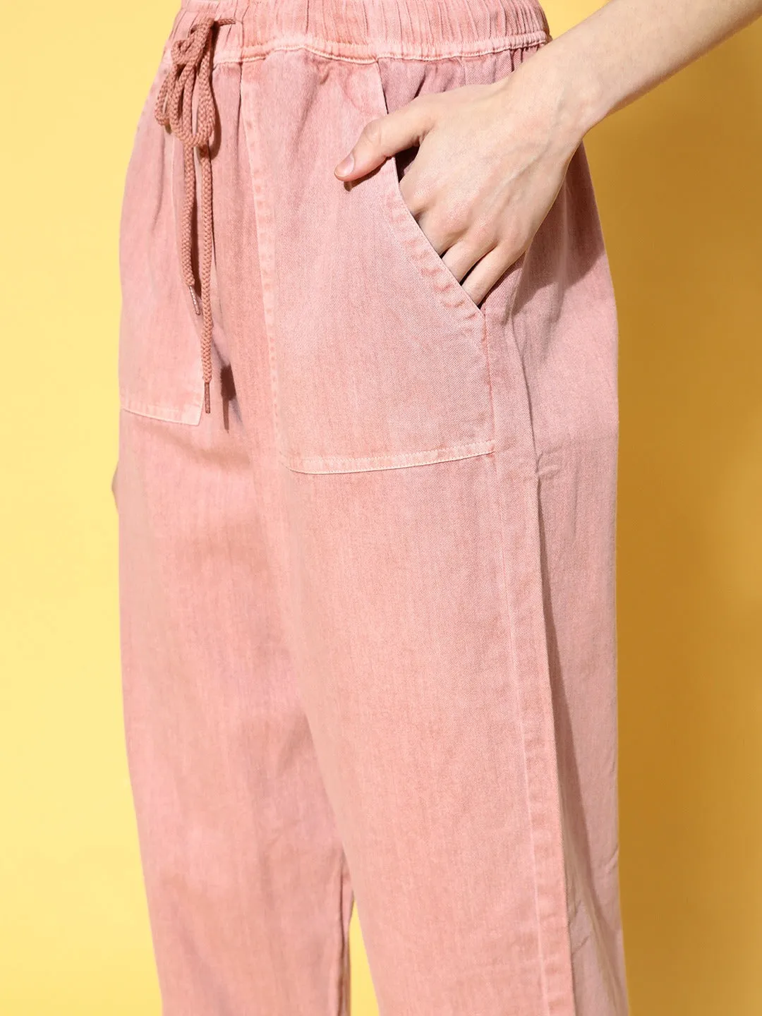 Women Dusty Pink Pigment Wash Rib Hem Joggers