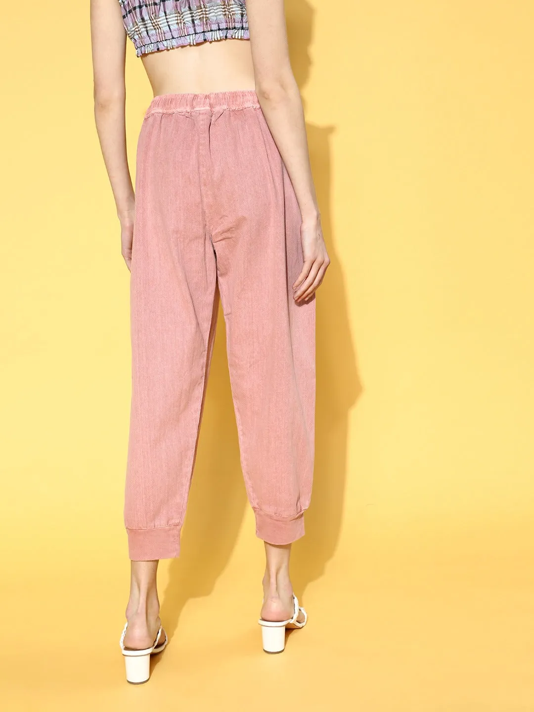 Women Dusty Pink Pigment Wash Rib Hem Joggers