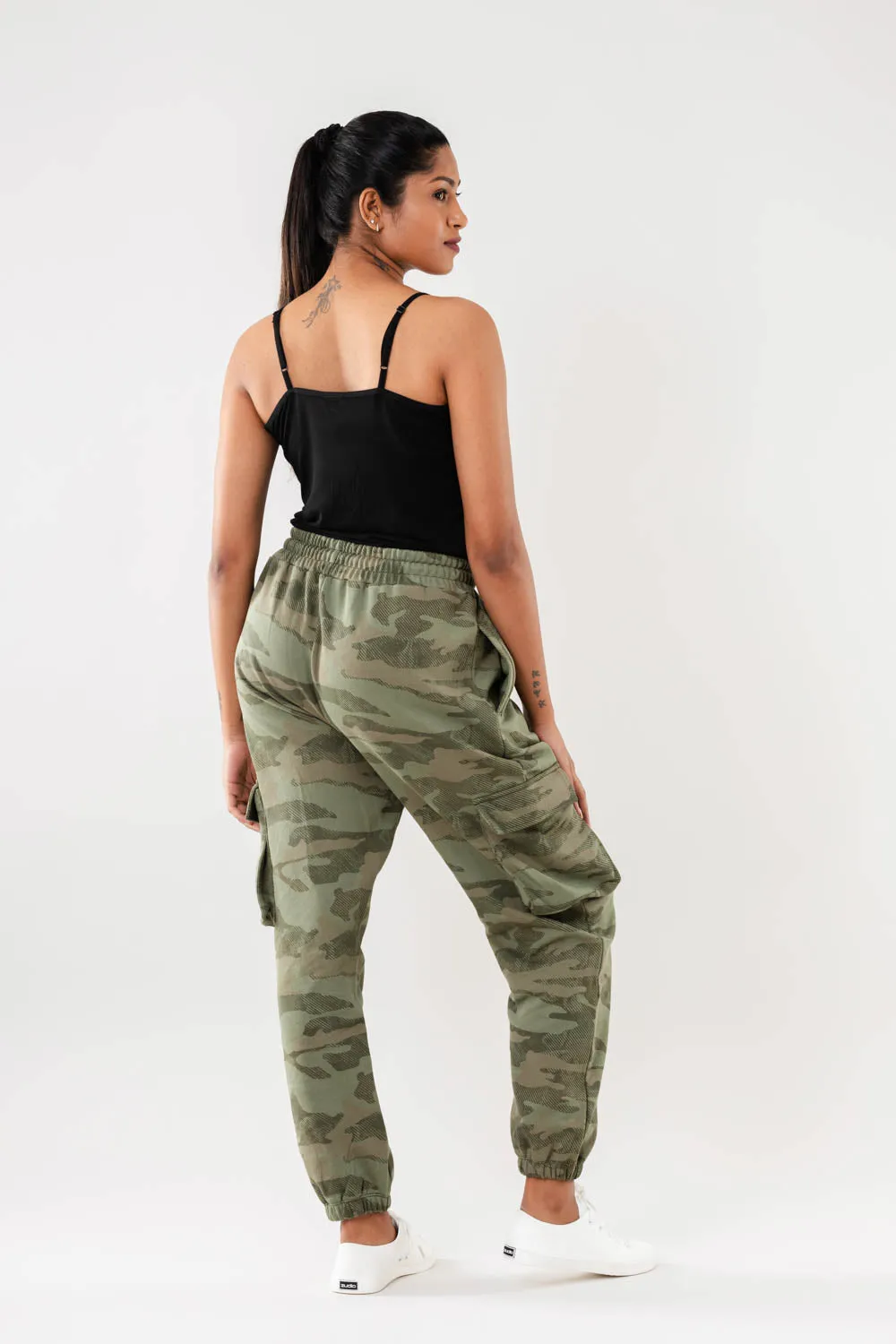 Women Green Camo Print Cargo Joggers