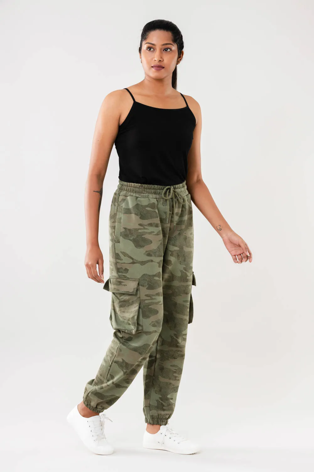 Women Green Camo Print Cargo Joggers