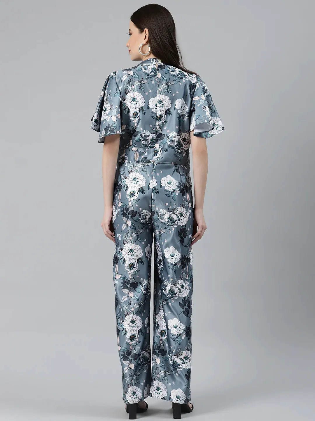 Women Grey & Off-White Printed Keyhole Neck Flared Sleeves Basic Jumpsuit