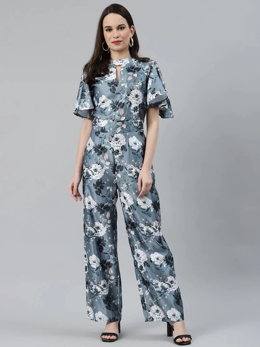 Women Grey & Off-White Printed Keyhole Neck Flared Sleeves Basic Jumpsuit