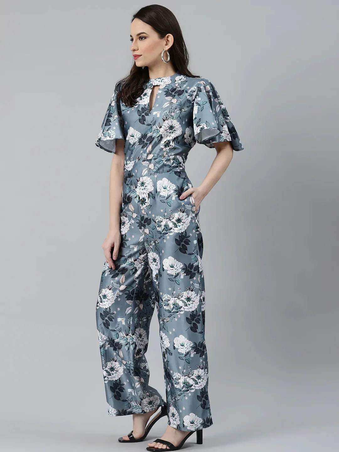 Women Grey & Off-White Printed Keyhole Neck Flared Sleeves Basic Jumpsuit