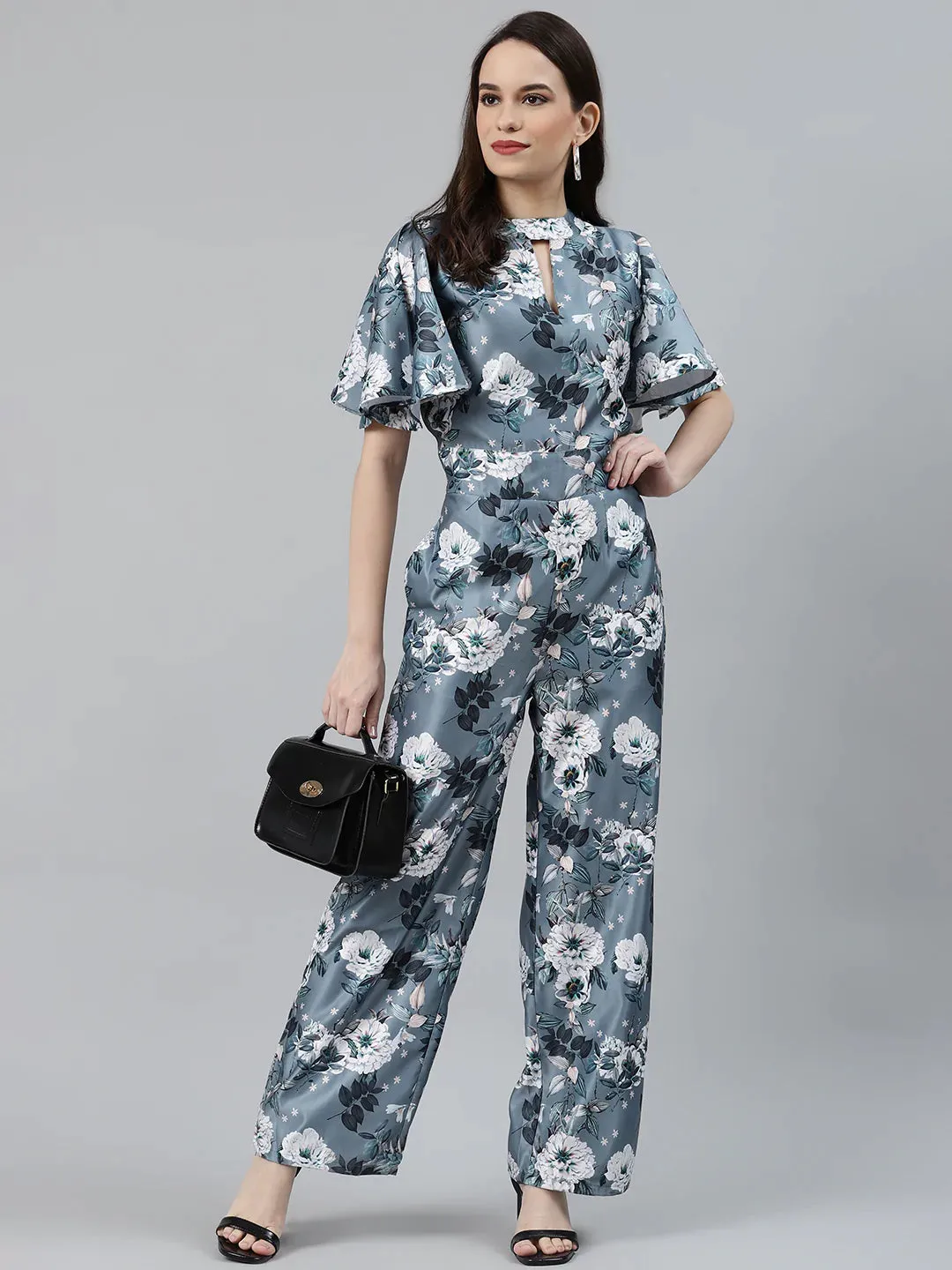 Women Grey & Off-White Printed Keyhole Neck Flared Sleeves Basic Jumpsuit