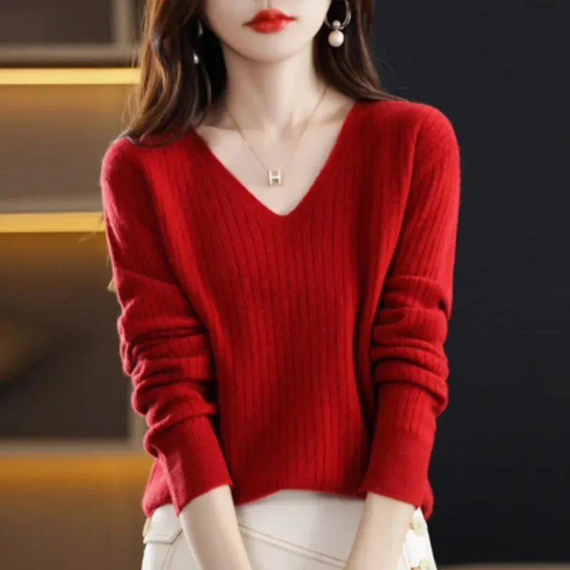 Women Sweater Long Sleeve Top Knitted Pullover V-Neck Fashion Sweater Woman Winter 2022 Basic Female Clothing Soild OL Sweaters