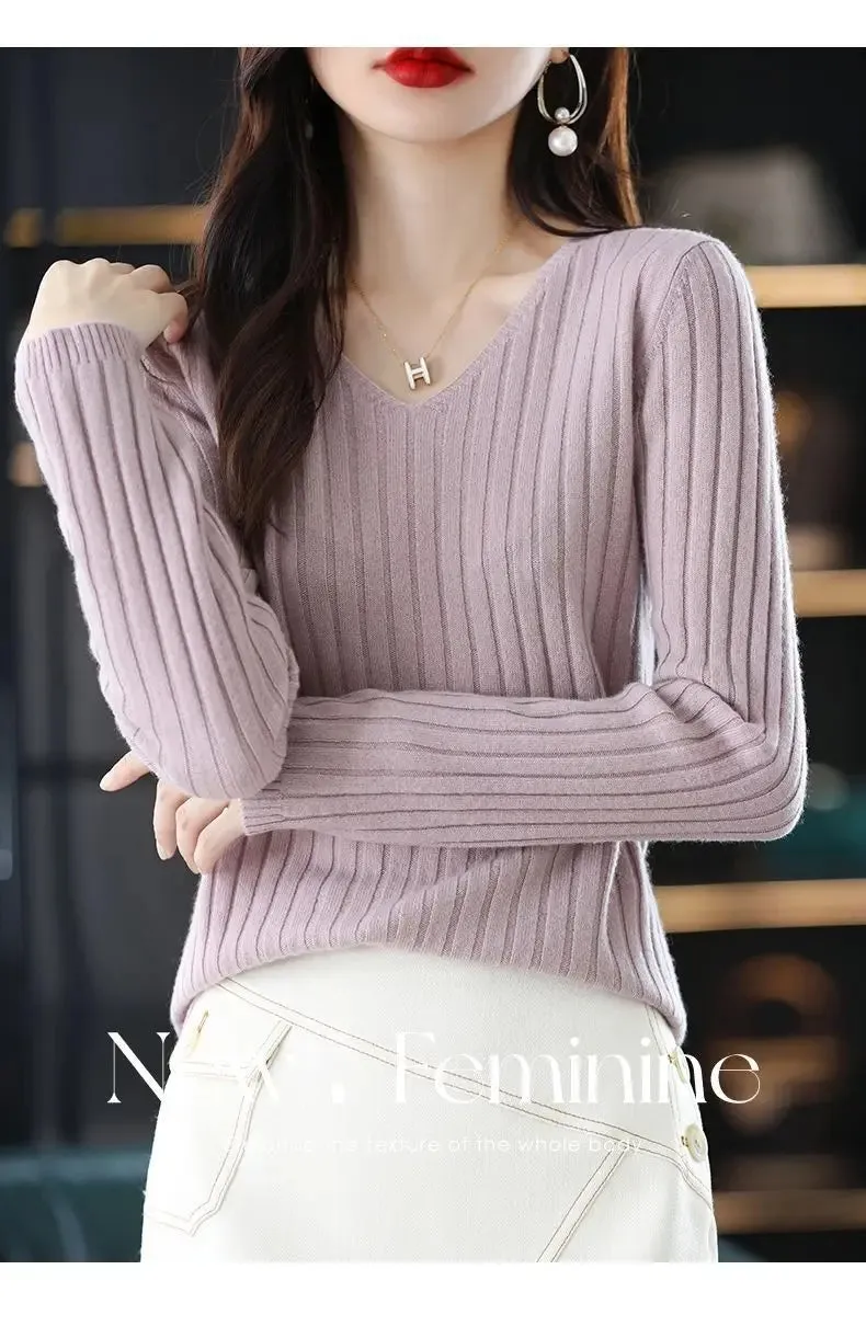 Women Sweater Long Sleeve Top Knitted Pullover V-Neck Fashion Sweater Woman Winter 2022 Basic Female Clothing Soild OL Sweaters