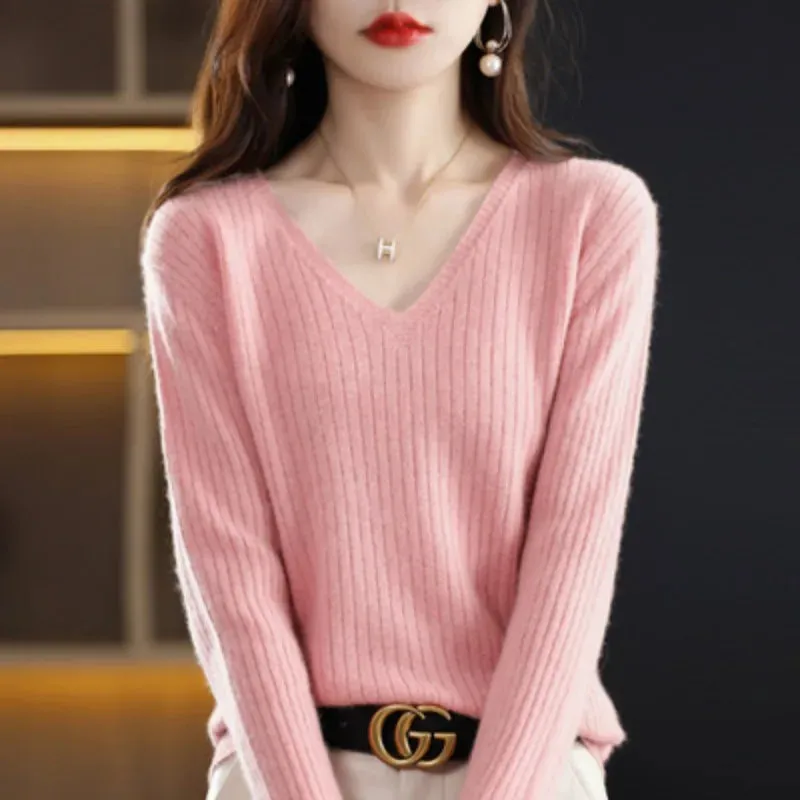 Women Sweater Long Sleeve Top Knitted Pullover V-Neck Fashion Sweater Woman Winter 2022 Basic Female Clothing Soild OL Sweaters