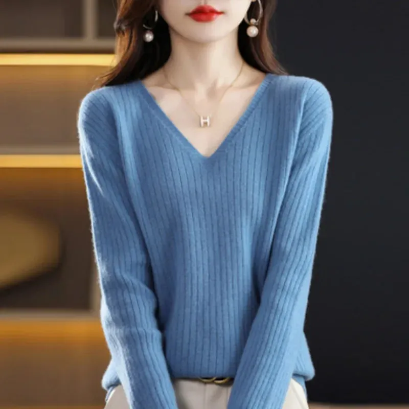 Women Sweater Long Sleeve Top Knitted Pullover V-Neck Fashion Sweater Woman Winter 2022 Basic Female Clothing Soild OL Sweaters