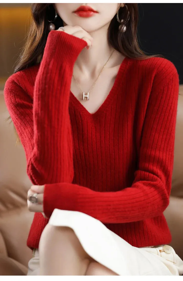 Women Sweater Long Sleeve Top Knitted Pullover V-Neck Fashion Sweater Woman Winter 2022 Basic Female Clothing Soild OL Sweaters