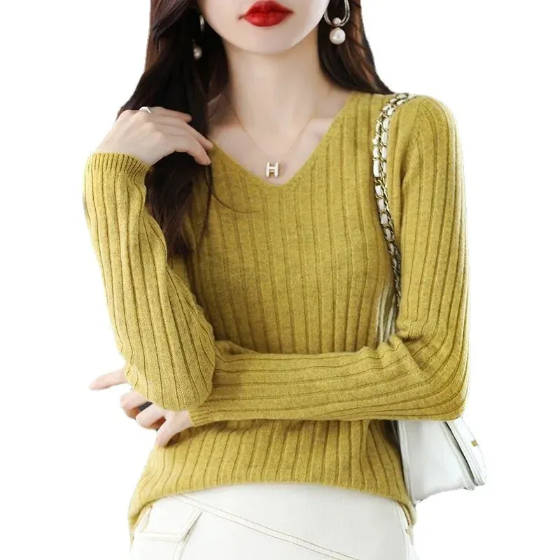 Women Sweater Long Sleeve Top Knitted Pullover V-Neck Fashion Sweater Woman Winter 2022 Basic Female Clothing Soild OL Sweaters