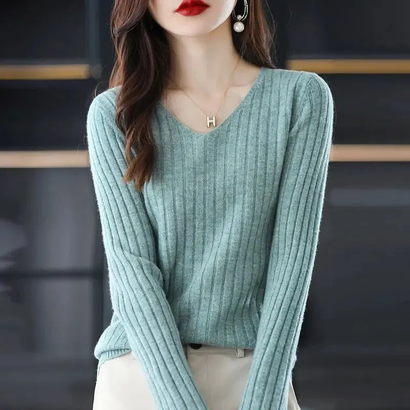 Women Sweater Long Sleeve Top Knitted Pullover V-Neck Fashion Sweater Woman Winter 2022 Basic Female Clothing Soild OL Sweaters