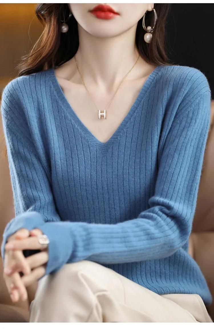 Women Sweater Long Sleeve Top Knitted Pullover V-Neck Fashion Sweater Woman Winter 2022 Basic Female Clothing Soild OL Sweaters