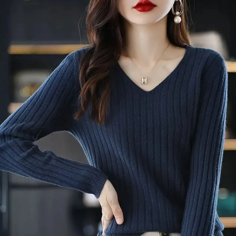 Women Sweater Long Sleeve Top Knitted Pullover V-Neck Fashion Sweater Woman Winter 2022 Basic Female Clothing Soild OL Sweaters