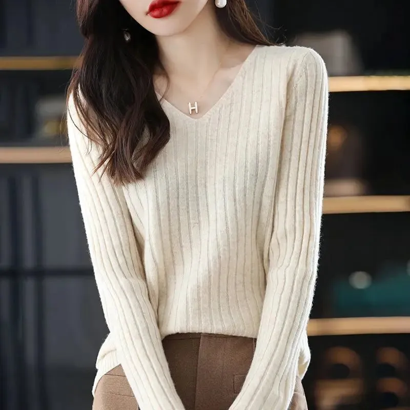 Women Sweater Long Sleeve Top Knitted Pullover V-Neck Fashion Sweater Woman Winter 2022 Basic Female Clothing Soild OL Sweaters