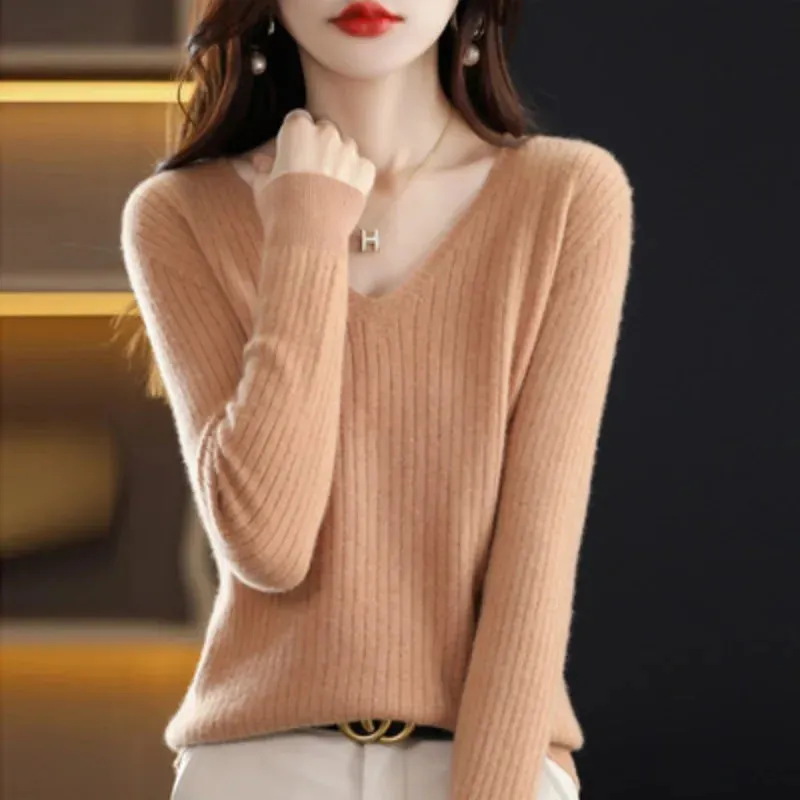 Women Sweater Long Sleeve Top Knitted Pullover V-Neck Fashion Sweater Woman Winter 2022 Basic Female Clothing Soild OL Sweaters