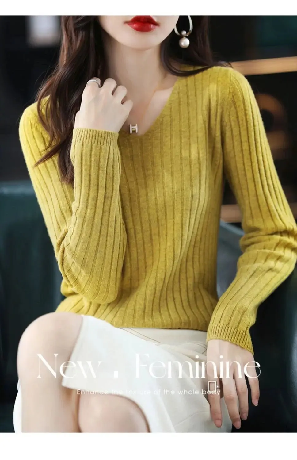 Women Sweater Long Sleeve Top Knitted Pullover V-Neck Fashion Sweater Woman Winter 2022 Basic Female Clothing Soild OL Sweaters