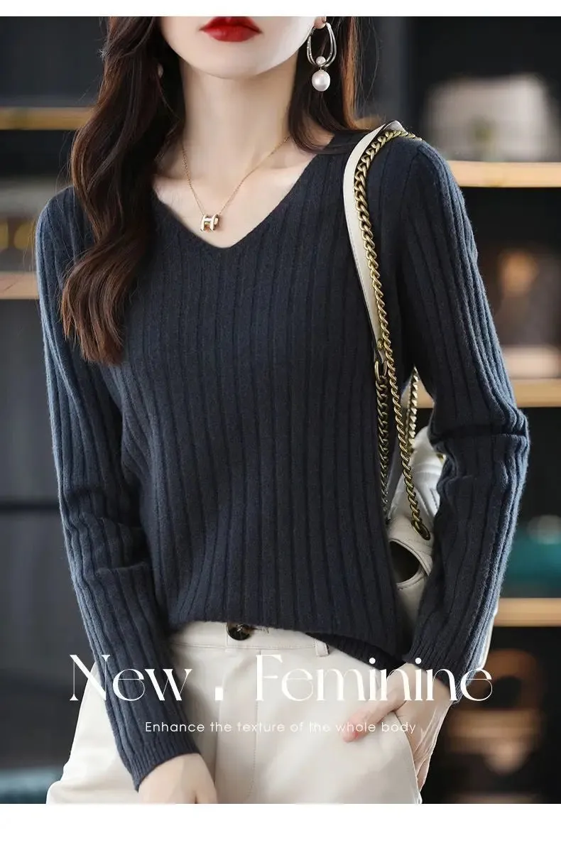 Women Sweater Long Sleeve Top Knitted Pullover V-Neck Fashion Sweater Woman Winter 2022 Basic Female Clothing Soild OL Sweaters