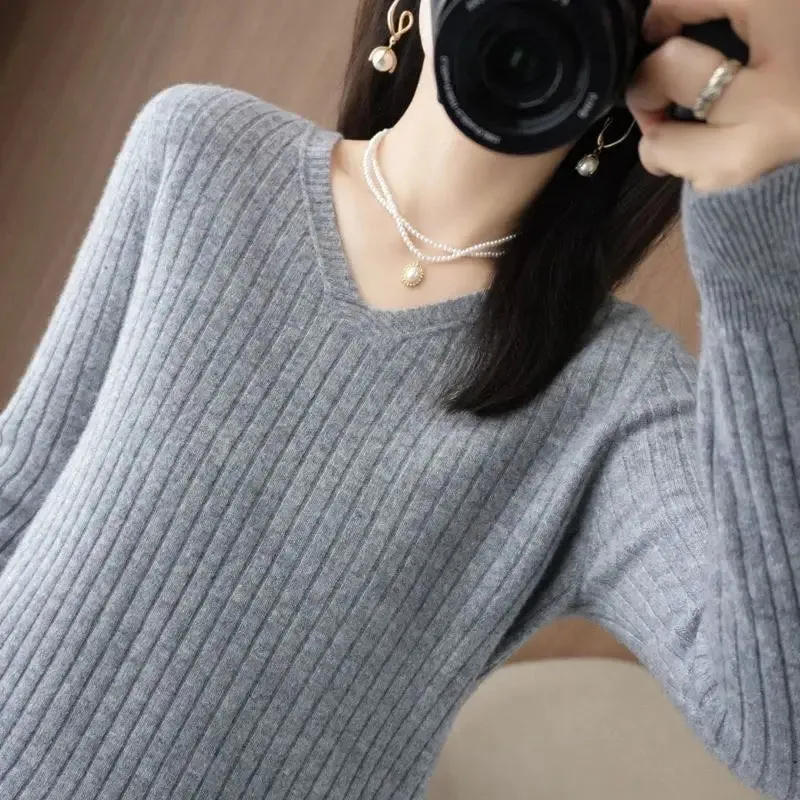 Women Sweater Long Sleeve Top Knitted Pullover V-Neck Fashion Sweater Woman Winter 2022 Basic Female Clothing Soild OL Sweaters