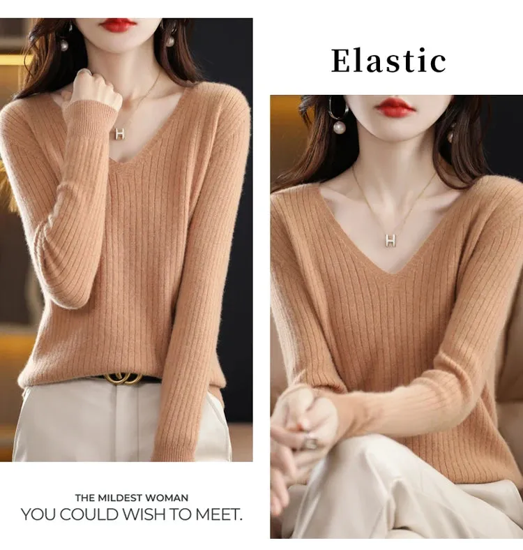 Women Sweater Long Sleeve Top Knitted Pullover V-Neck Fashion Sweater Woman Winter 2022 Basic Female Clothing Soild OL Sweaters