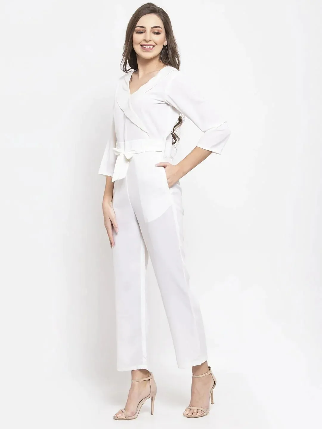 Women White Solid Jumpsuit With Sequence On Neck